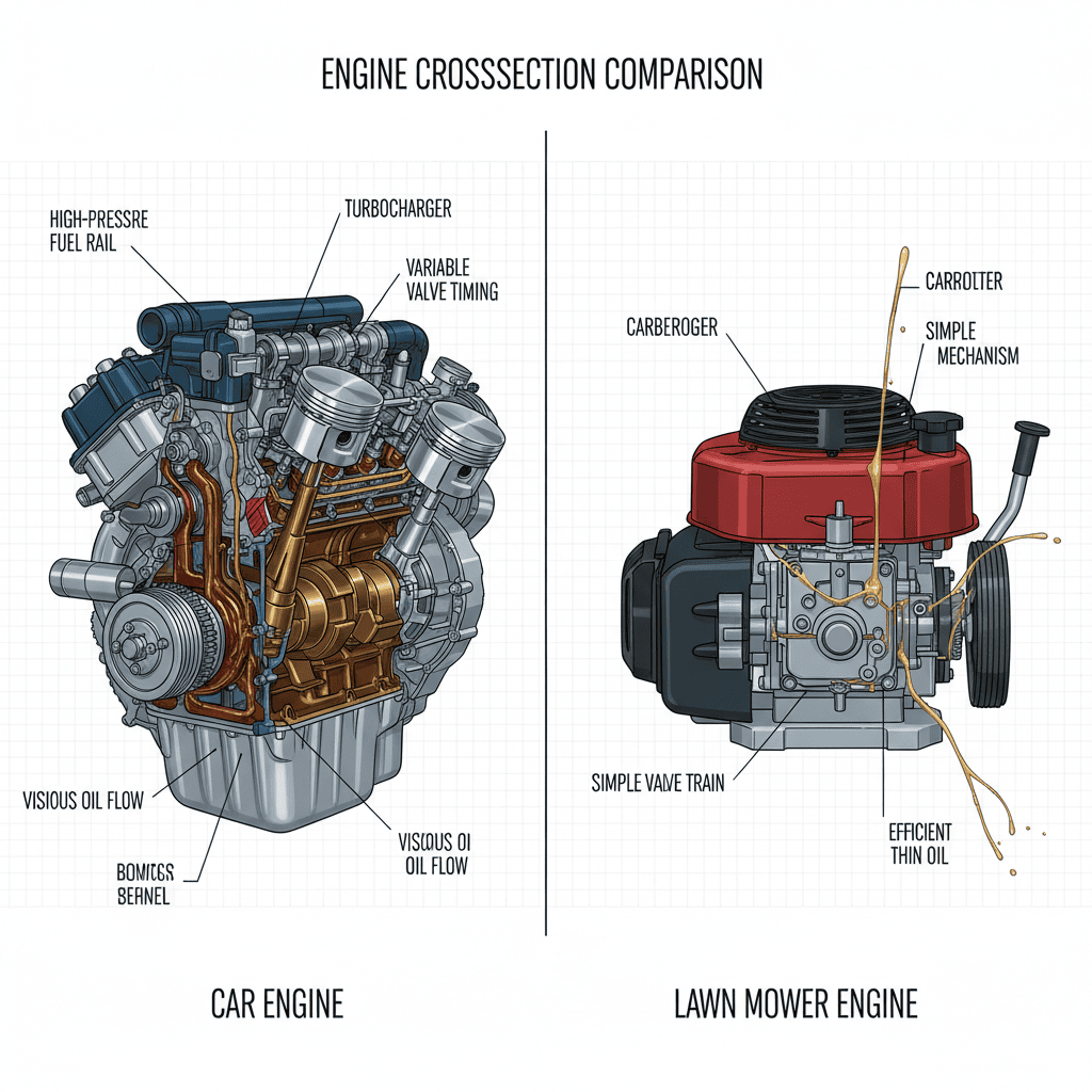 Cross-section comparison of car engine versus lawn mower engine showing different operating conditions