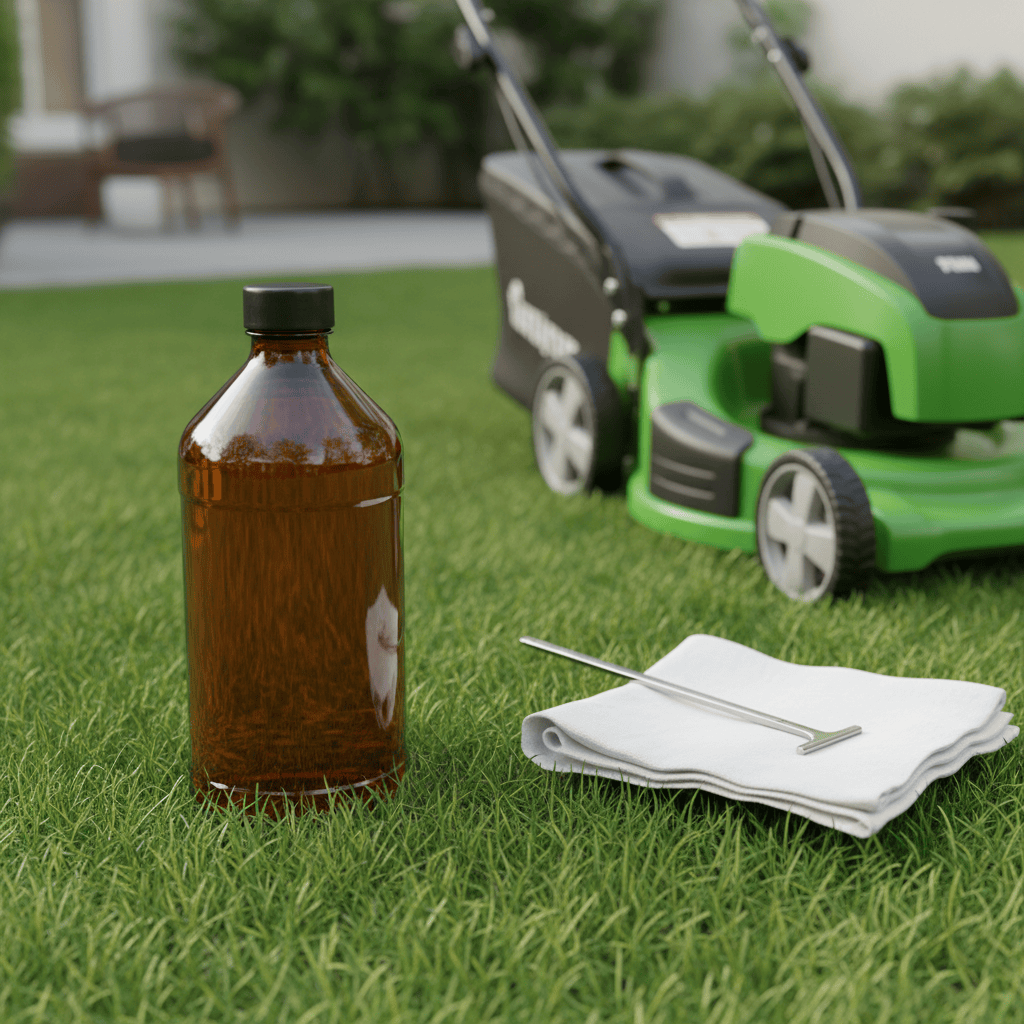 A motor oil bottle and clean rag beside a green lawn mower on backyard grass