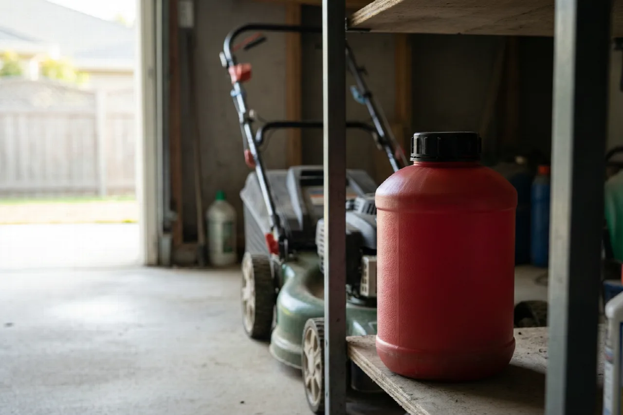 A closed gasoline can stored on a shaded garage shelf near a lawn mower.