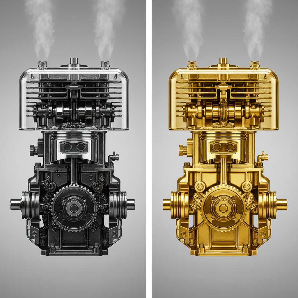 Comparison of conventional oil buildup versus clean synthetic oil in small engines