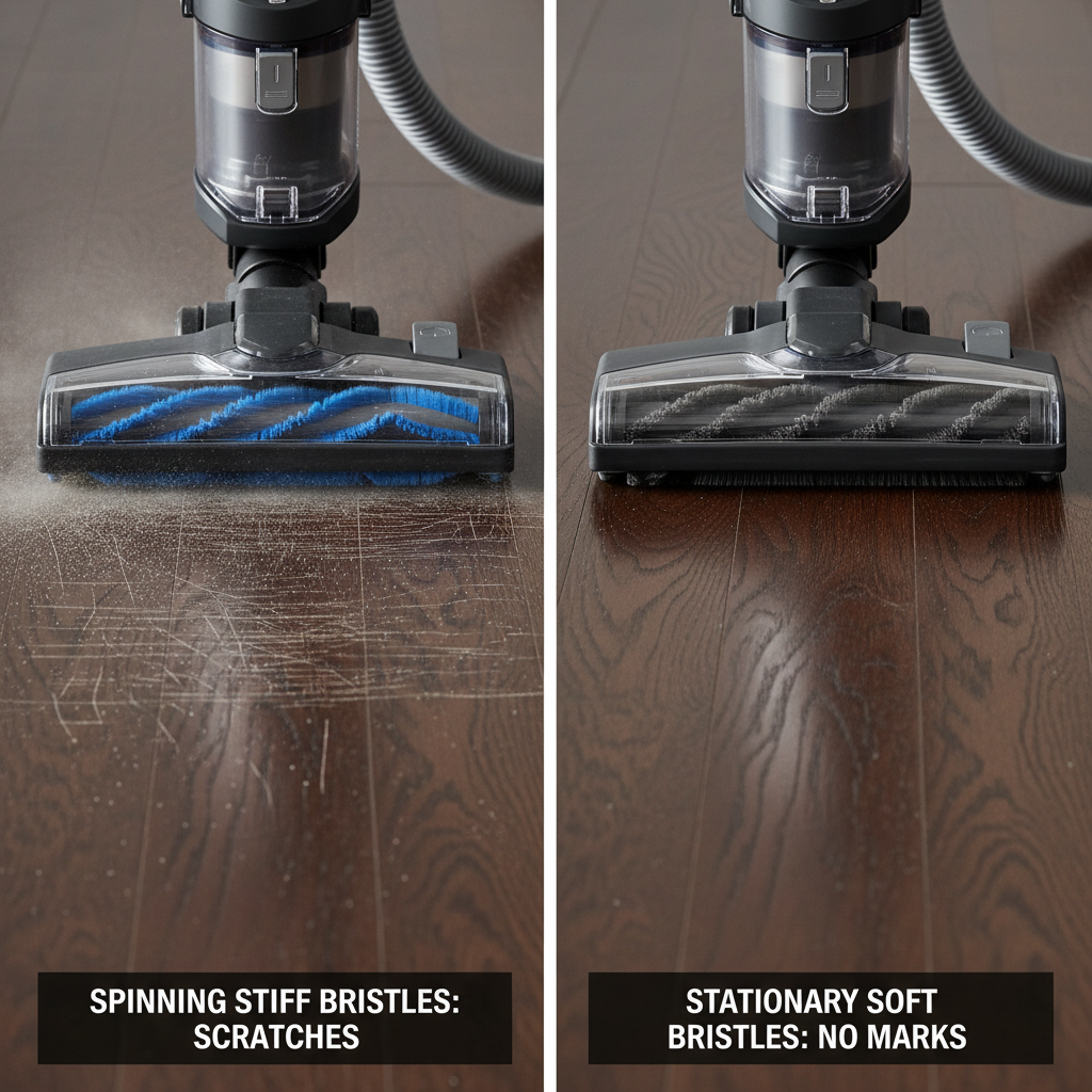 Comparison of a vacuum with a spinning beater bar versus one with a turned-off beater bar on hardwood.