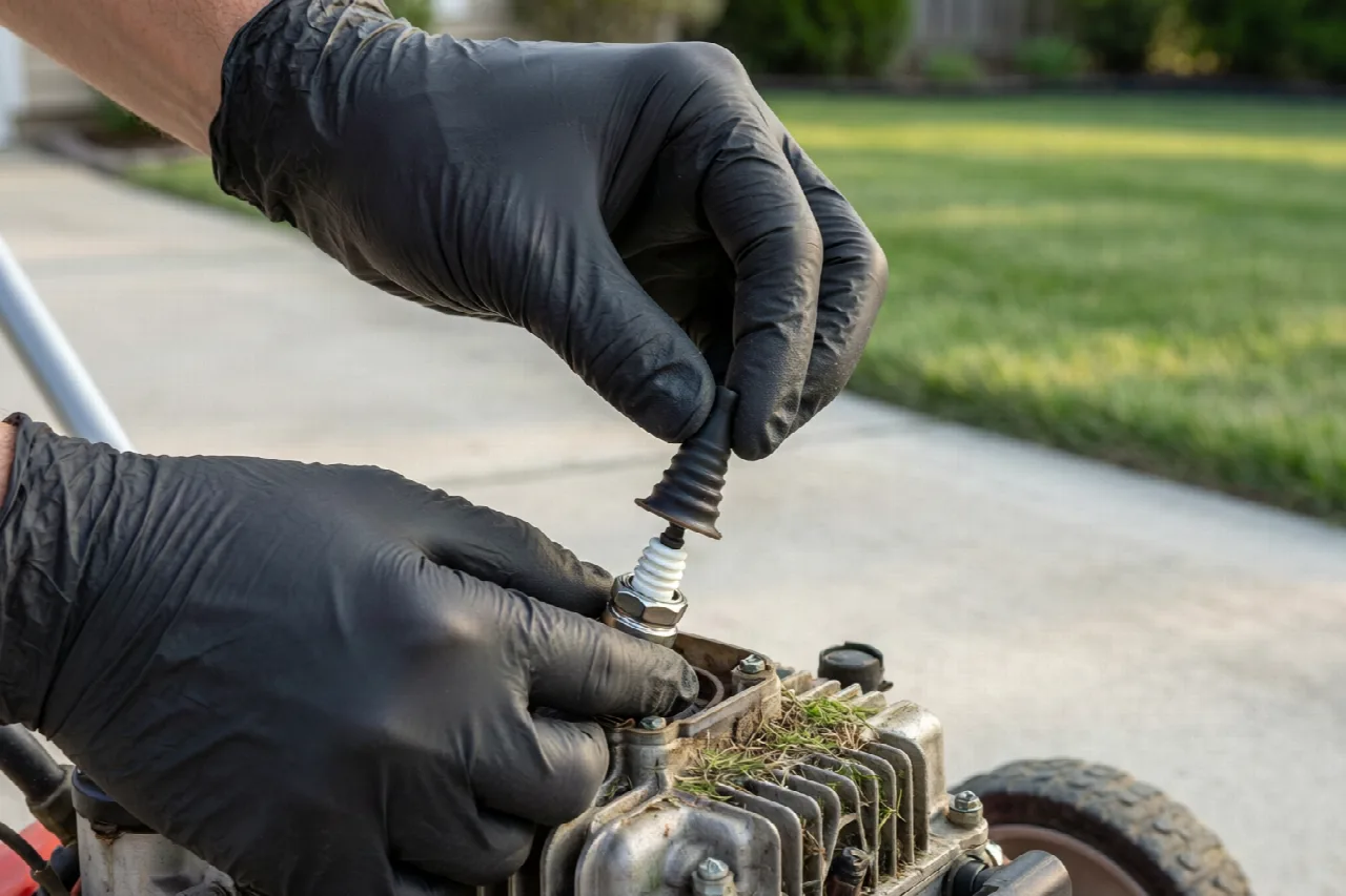 Why You Can't Pull a Lawn Mower Cord (and What to Check First) Gloved hands disconnecting a lawn mower spark-plug boot and keeping it away from the plug.