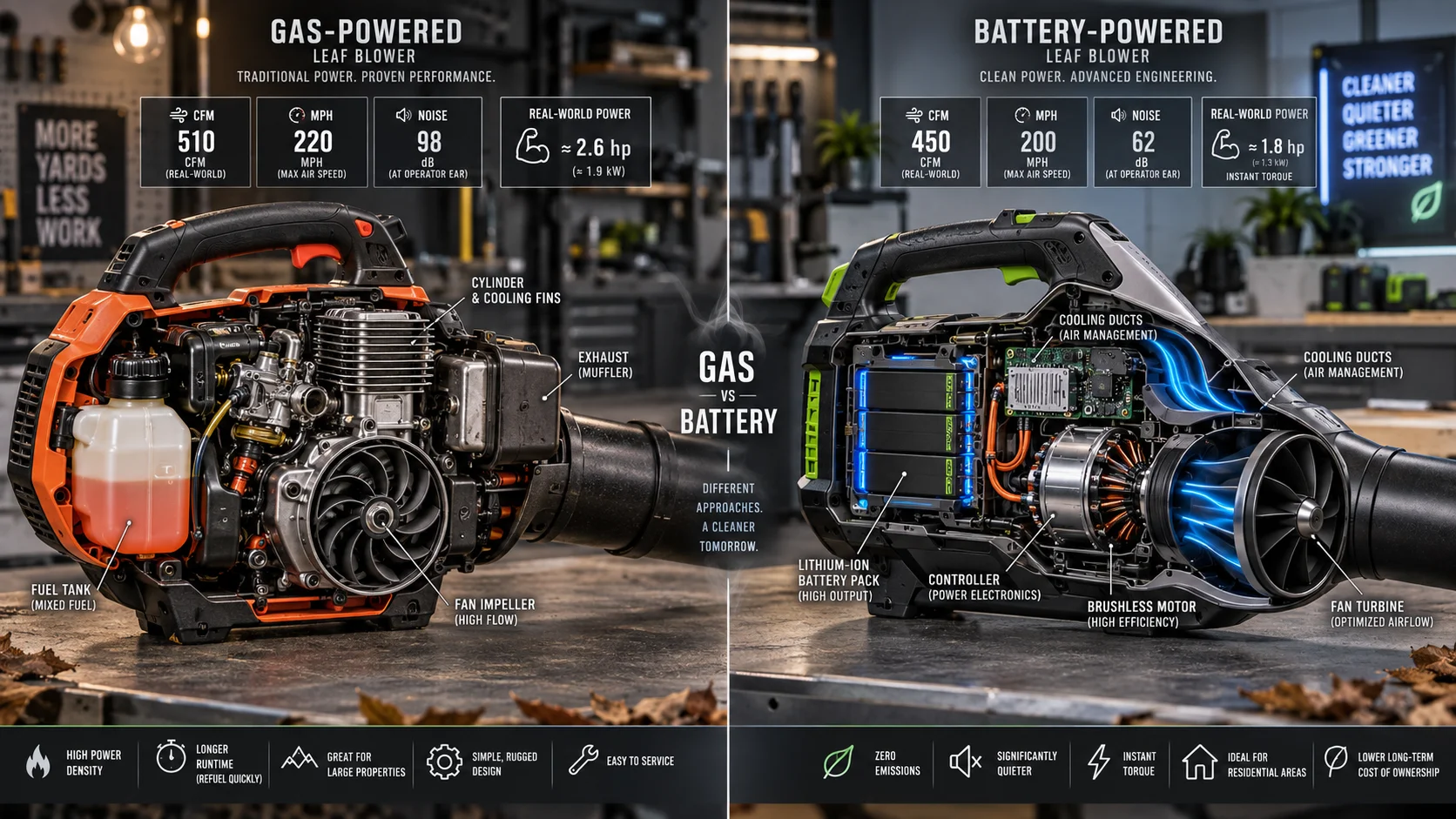 Gas vs Battery Leaf Blowers: CFM, MPH, Noise Levels, and Real-World Power Detail