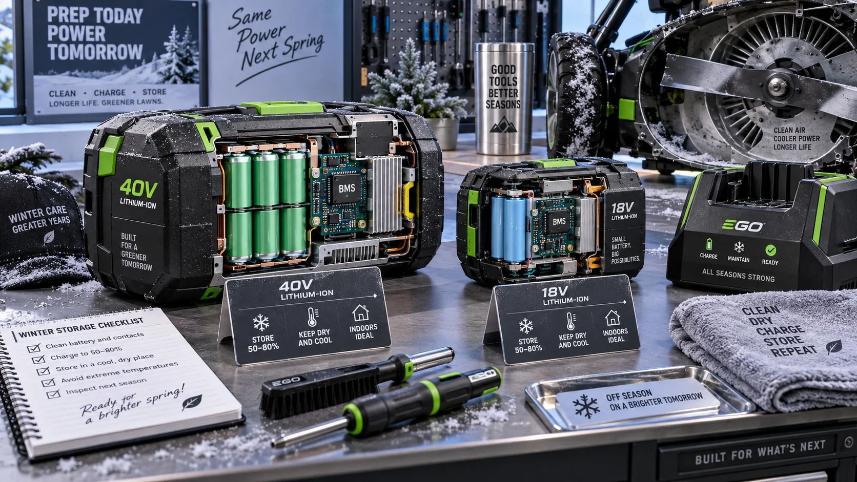 How to Winterize and Store Lawn Mower Batteries: 40V &amp; 18V Winter Care Detail