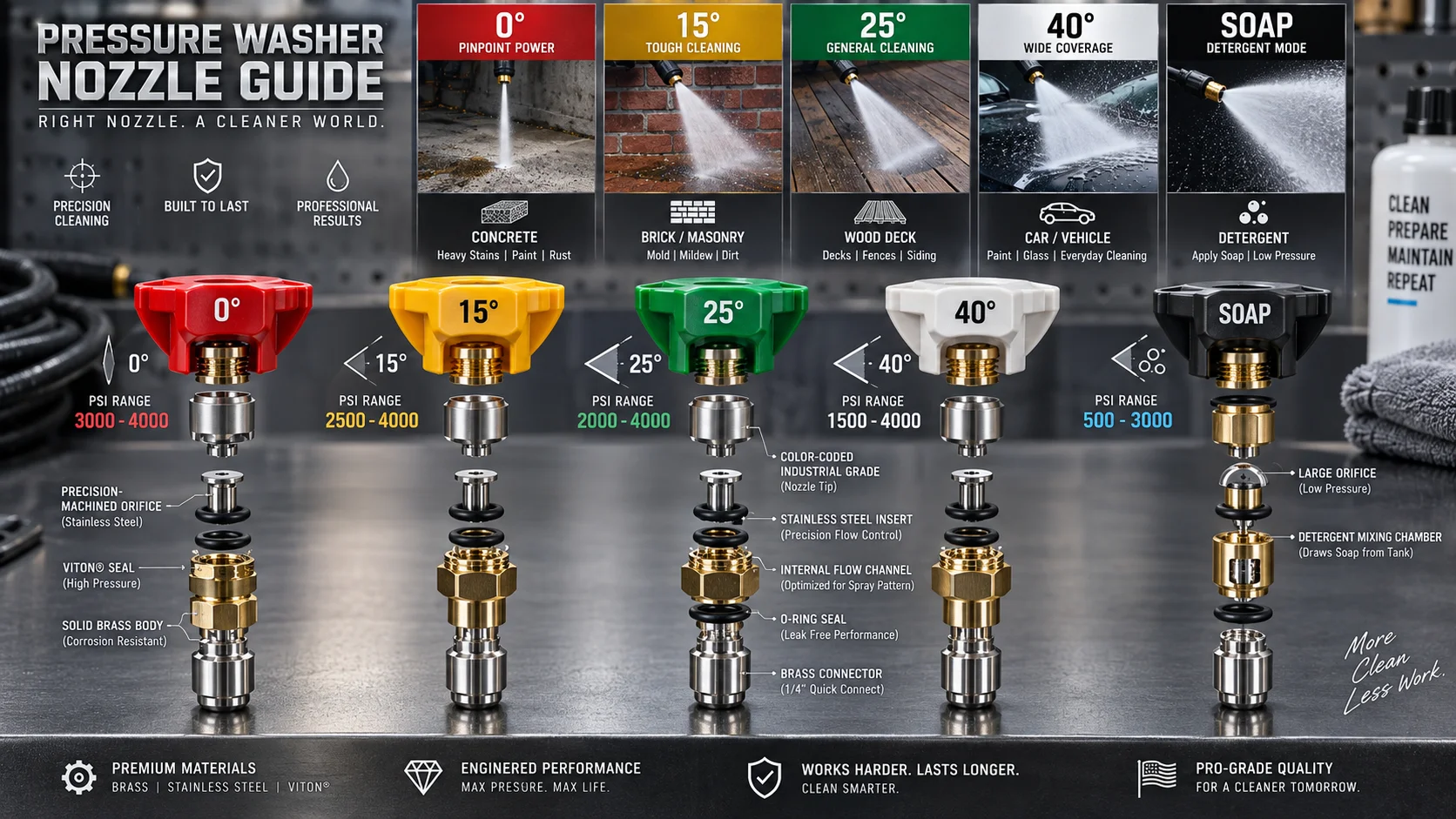 Pressure Washer Nozzle Color Guide: Degrees, PSI, and Proper Surface Uses Detail