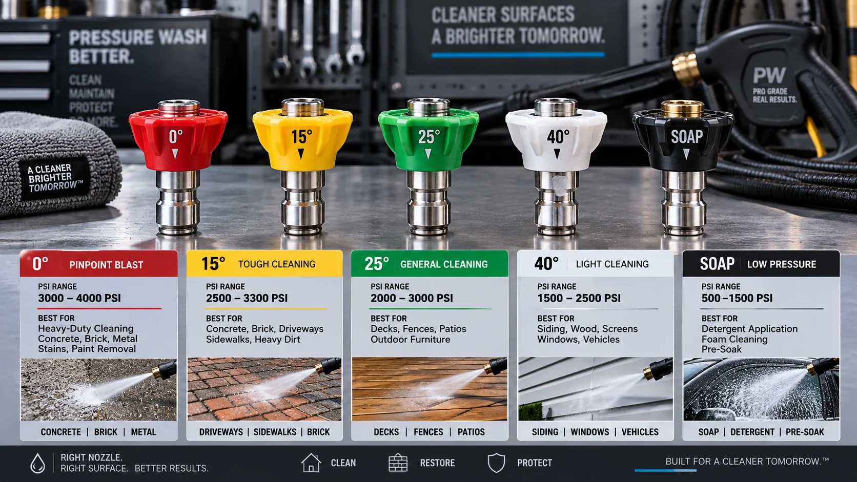 Pressure Washer Nozzle Color Guide: Degrees, PSI, and Proper Surface Uses