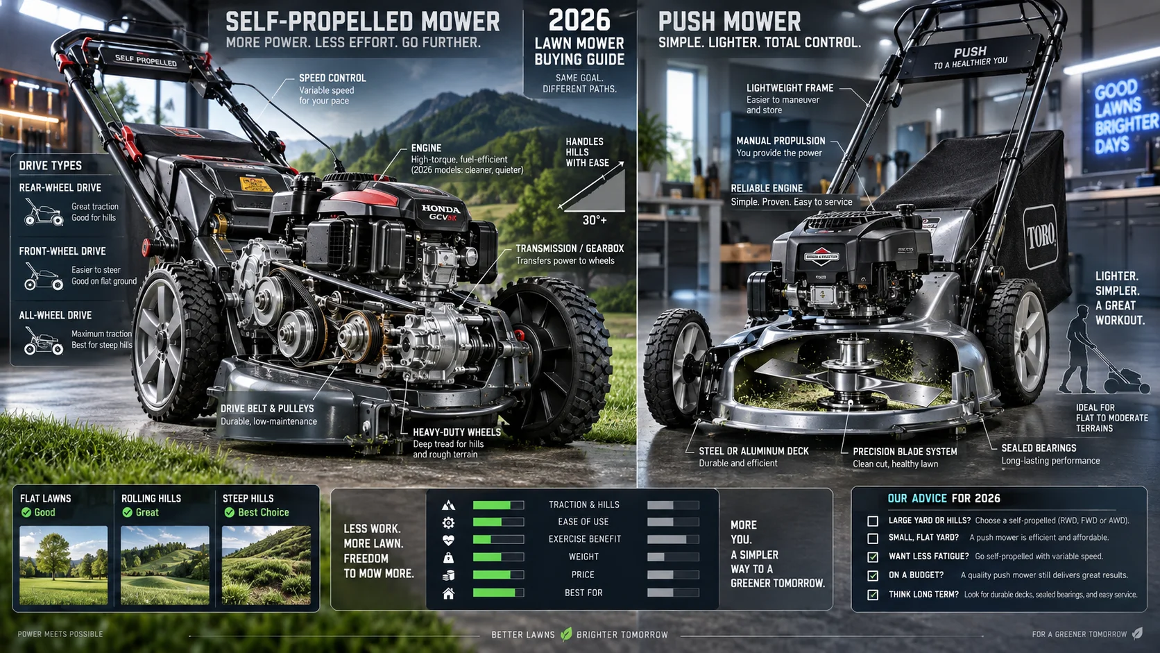 Self-Propelled vs Push Mowers: Drive Types, Hills, and Buying Advice (2026) Detail