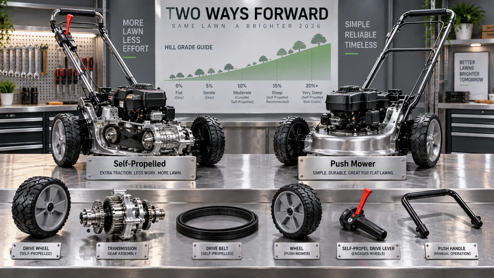 Self-Propelled vs Push Mowers: Drive Types, Hills, and Buying Advice (2026)