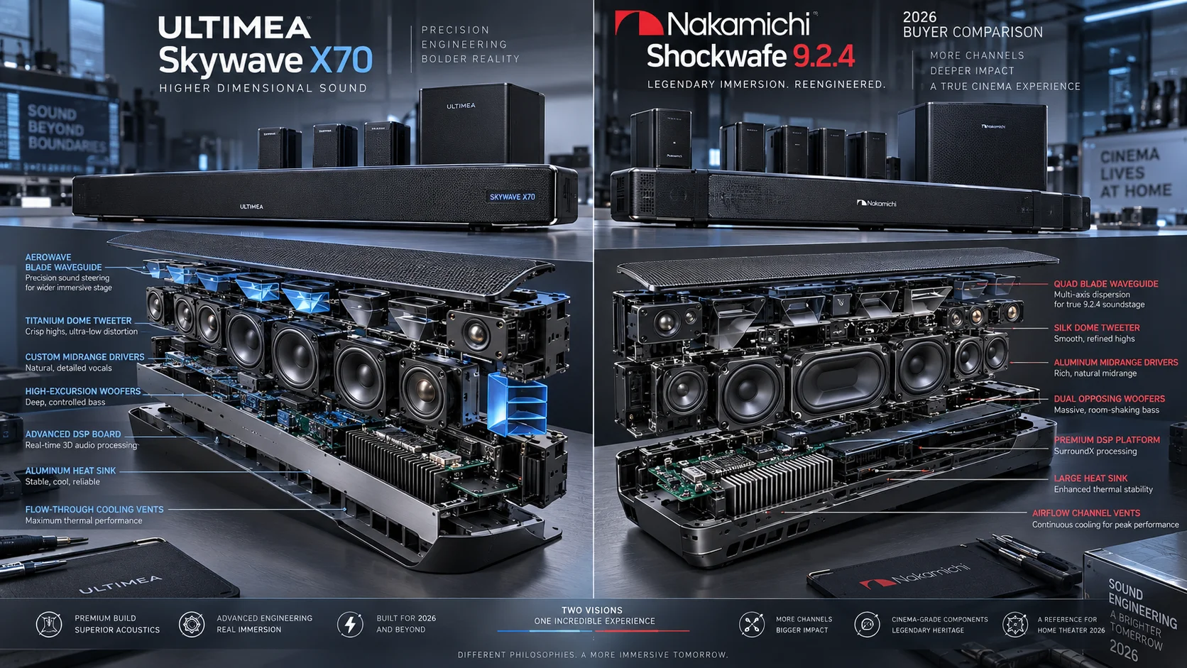 ULTIMEA Skywave X70 vs Nakamichi Shockwafe 9.2.4: Which 7.1.4 System Should You Buy in 2026? Detail