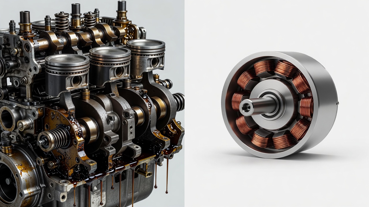 Side-by-side comparison of a complex gasoline engine and a clean compact electric motor