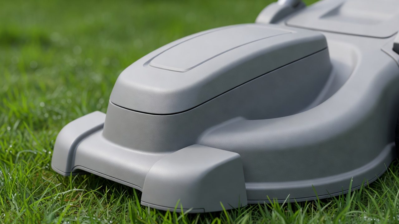 Sealed electric motor housing on a cordless lawn mower on grass