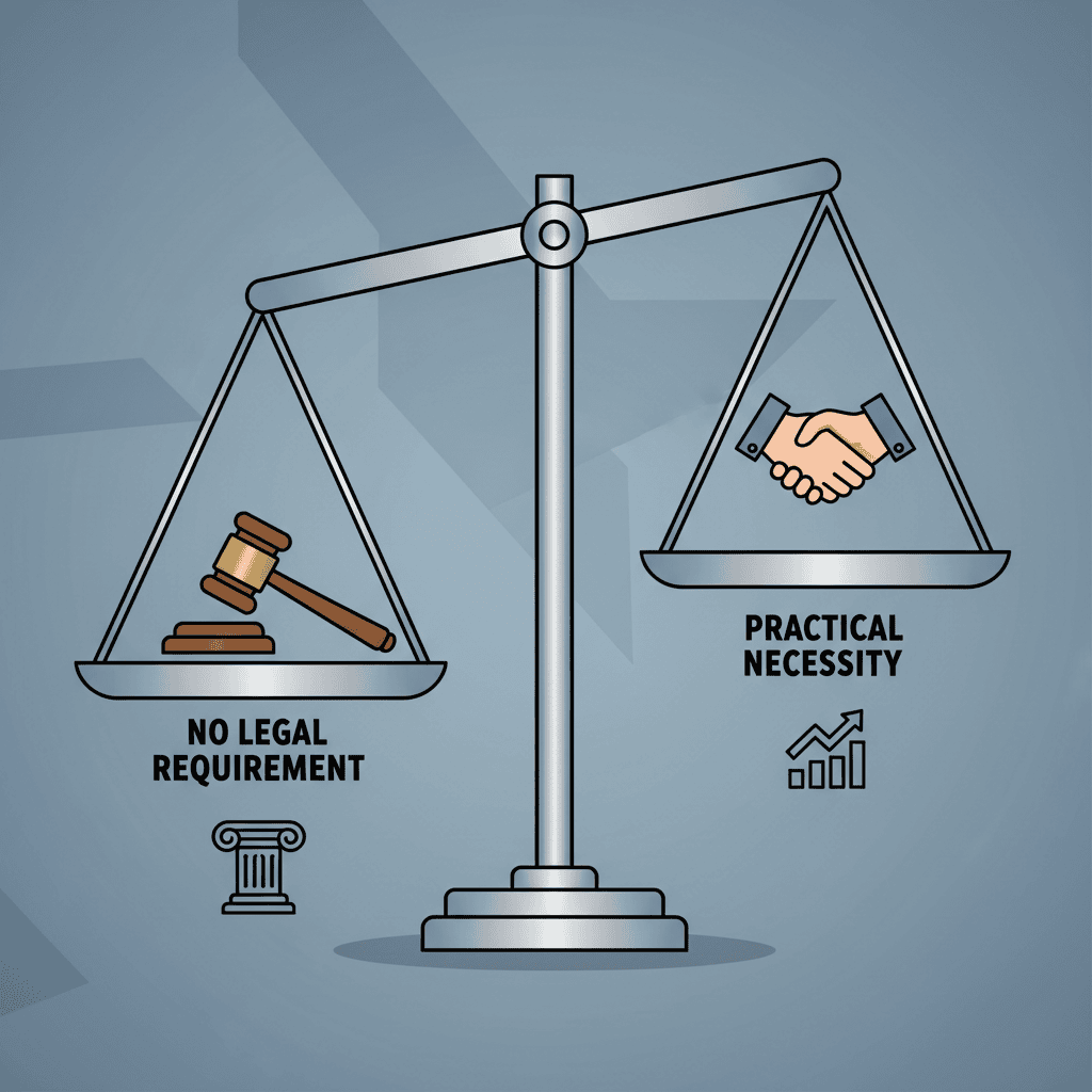 Balance scale comparing legal requirements versus practical necessity for lawn mowing insurance