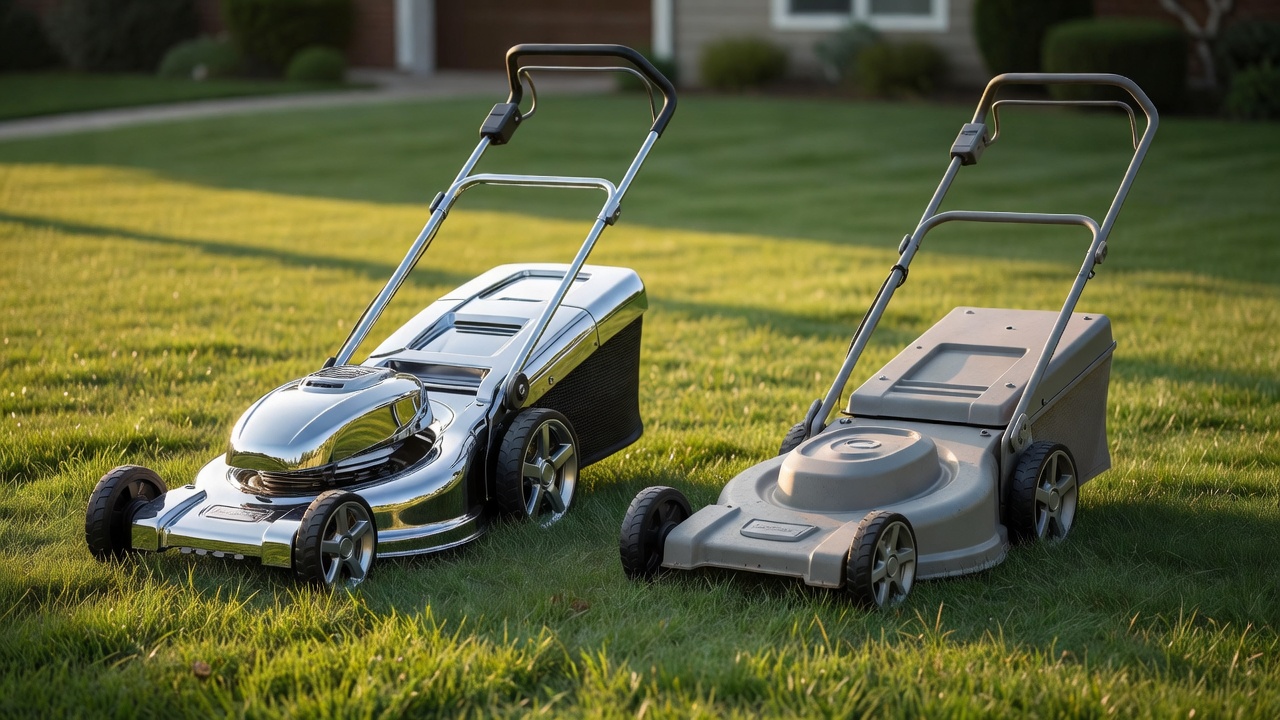 Two lawn mowers of different quality levels positioned side by side on grass to illustrate manufacturer variations