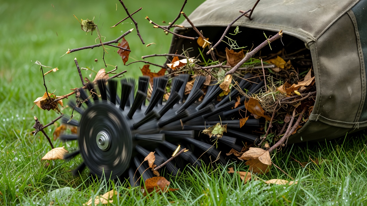 Close-up of a lawn sweeper brush drum spinning and flinging twigs into the collection hopper