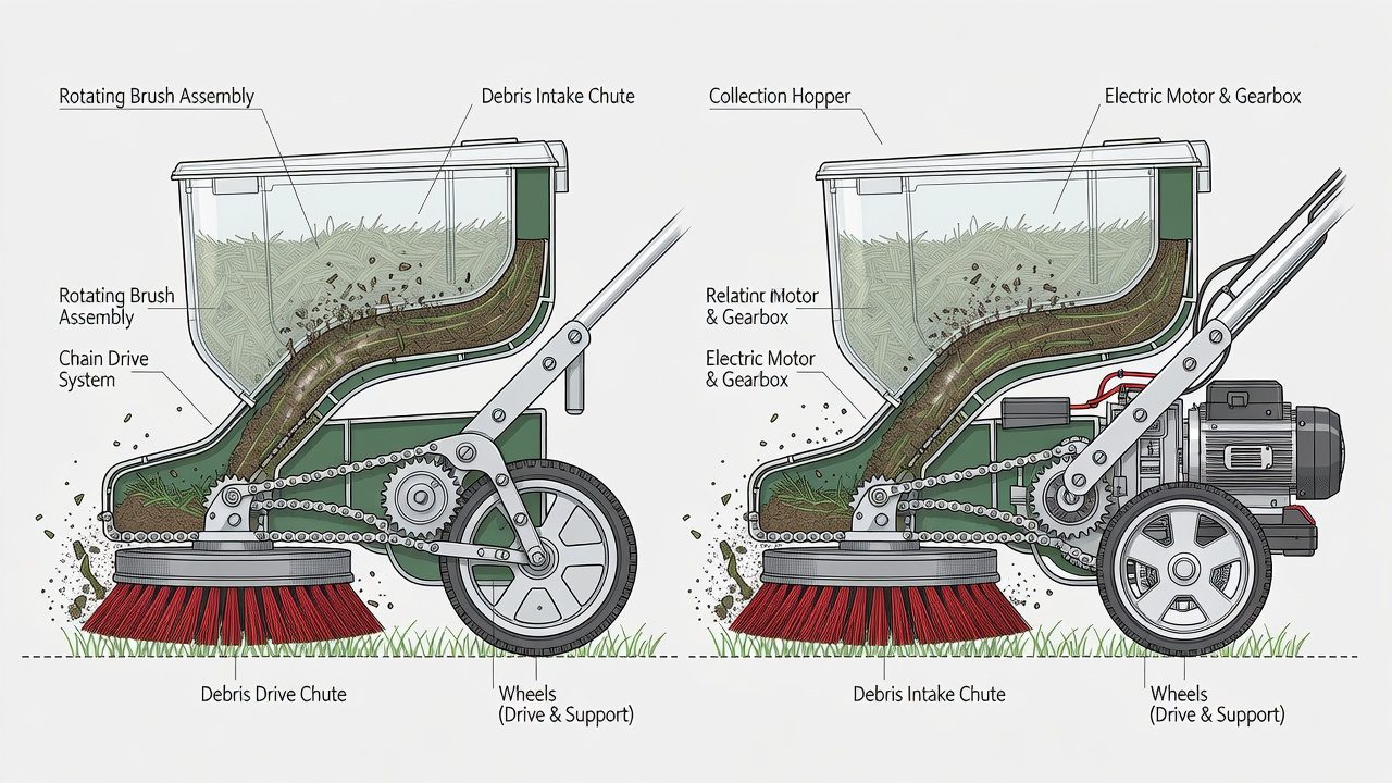 Diagram showing how lawn sweeper brushes and collection system work