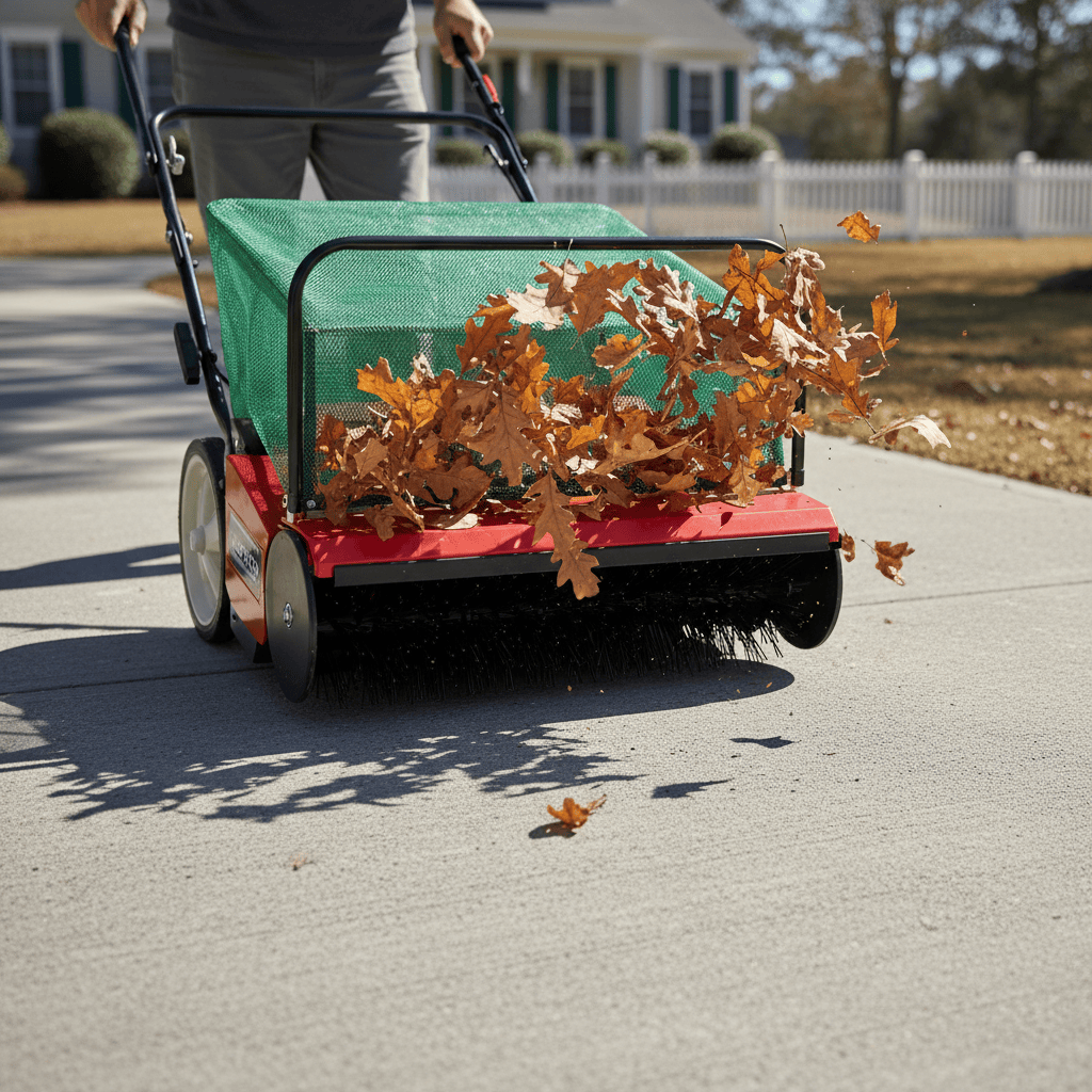 Do Leaf Sweepers Work? (Effectiveness, Types, and Practical Use) Close action view of a leaf sweeper flicking dry leaves up into its collection hopper on a driveway.