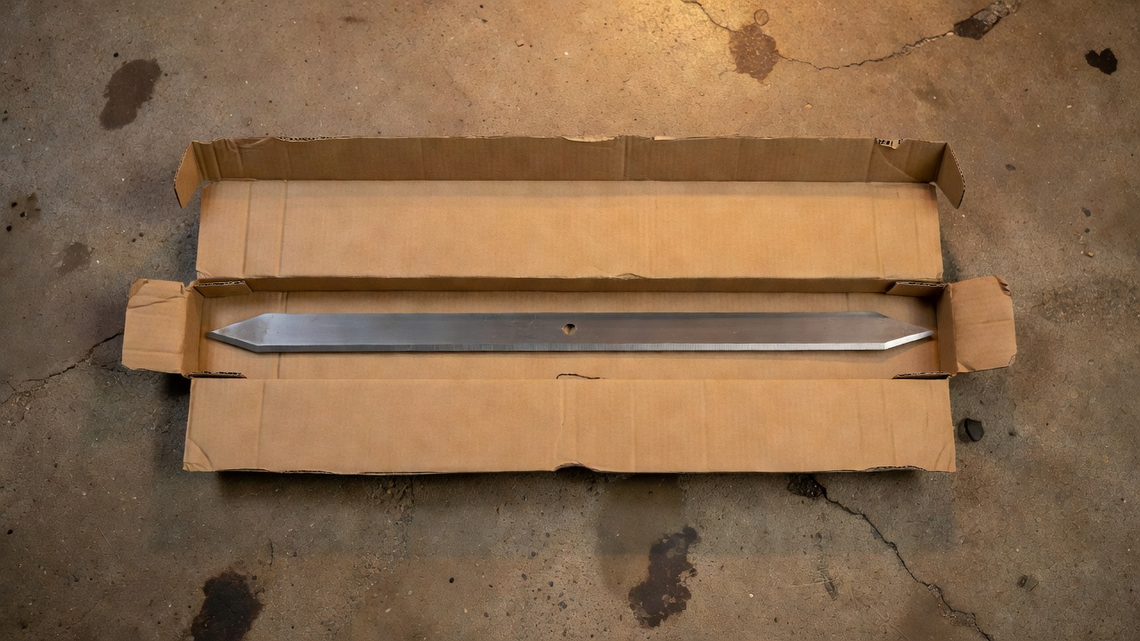 New mower blade partially removed from retail packaging on a concrete garage floor