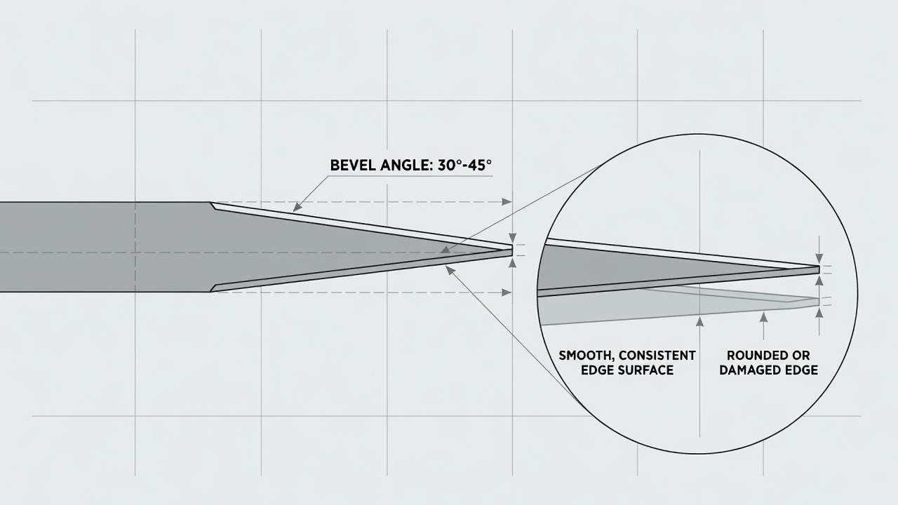 Cross-section diagram of lawn mower blade edge showing 30-45 degree bevel angle and magnified detail of smooth cutting surface