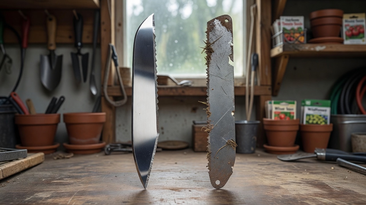 Comparison between a new, clean lawn mower blade and a worn, used blade.