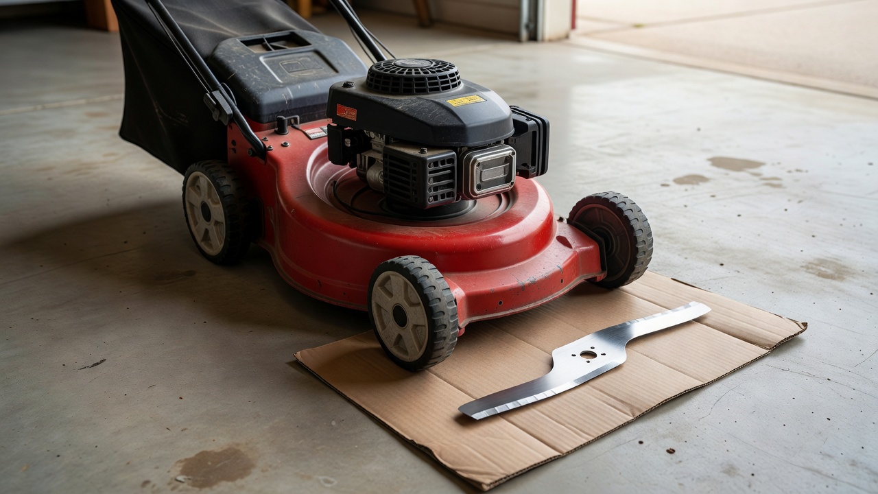 Parked rotary mower beside a new uninstalled blade with a factory bevel