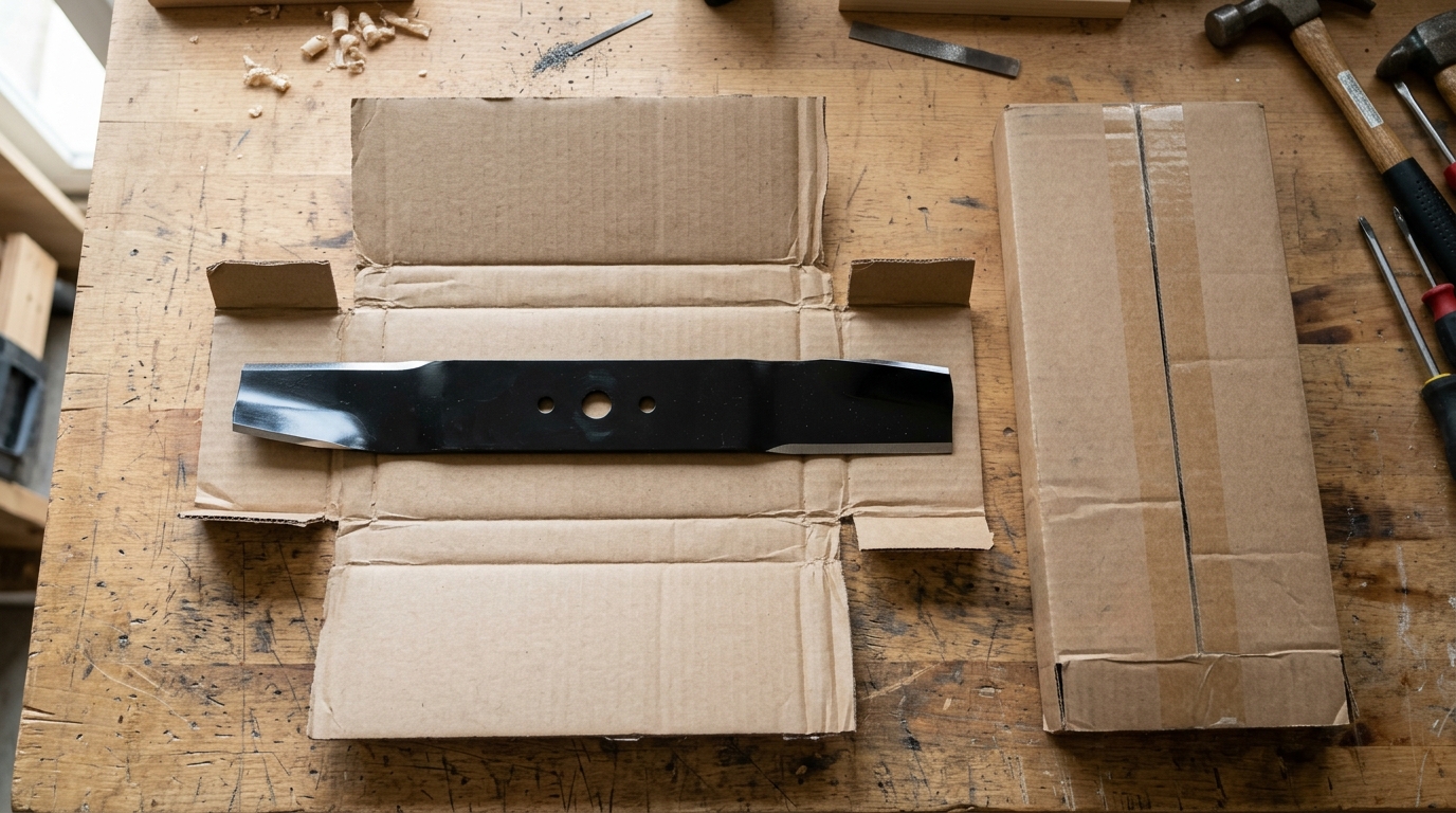 A new mower blade resting on its open packaging on a workbench, its steel edge reflecting light.