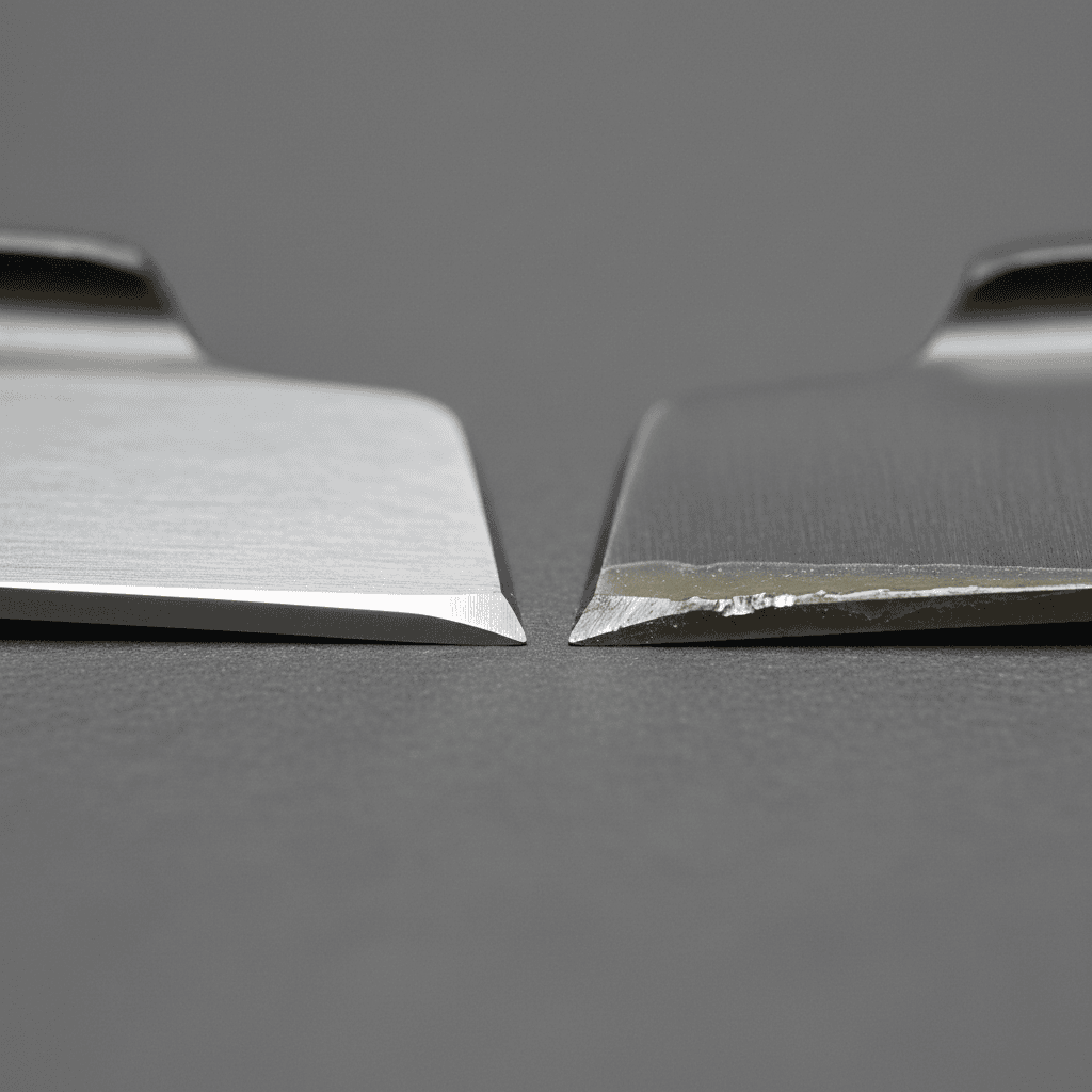 Macro comparison of a clean factory edge and an edge with a protective coating or burr on new mower blades.