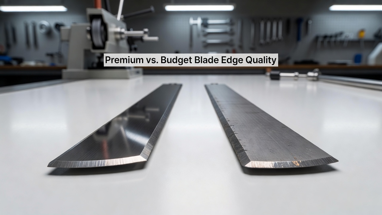 Do New Mower Blades Need to Be Sharpened? A Complete Guide Two new lawn mower blades (premium vs. budget) displayed side by side to show edge quality differences.