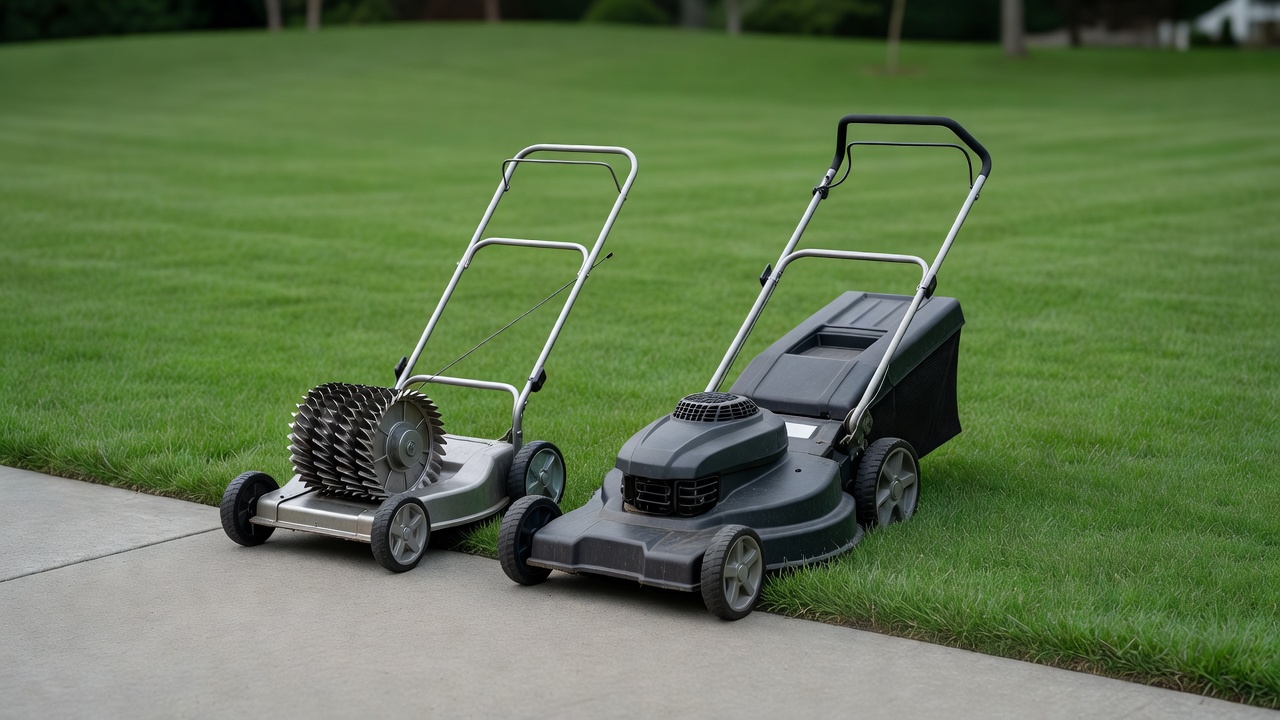 A manual reel mower and a rotary walk-behind mower parked together on a lawn edge