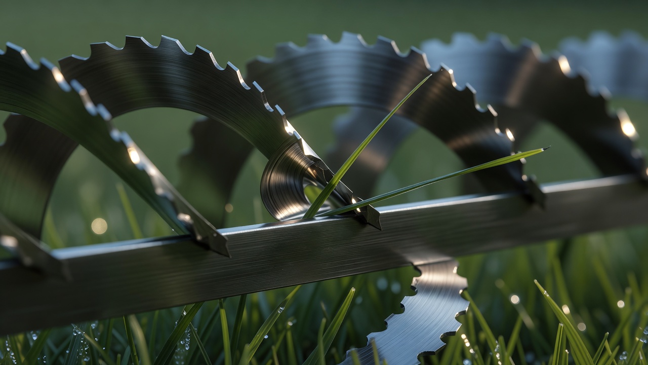 Close-up of reel mower helical blades shearing a grass blade against the bedknife