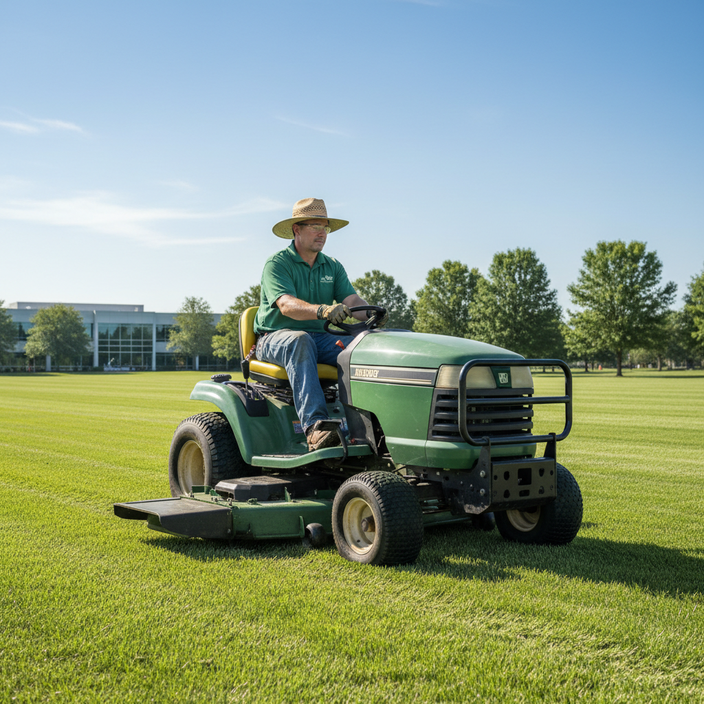 Landscaper riding a generic lawn tractor across a large green commercial lawn