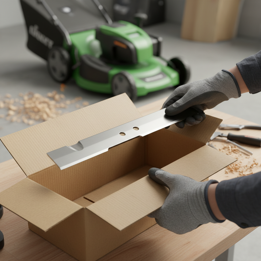 Do You Need to Sharpen New Lawn Mower Blades? Gloved hands lifting an unused mower blade from plain packaging