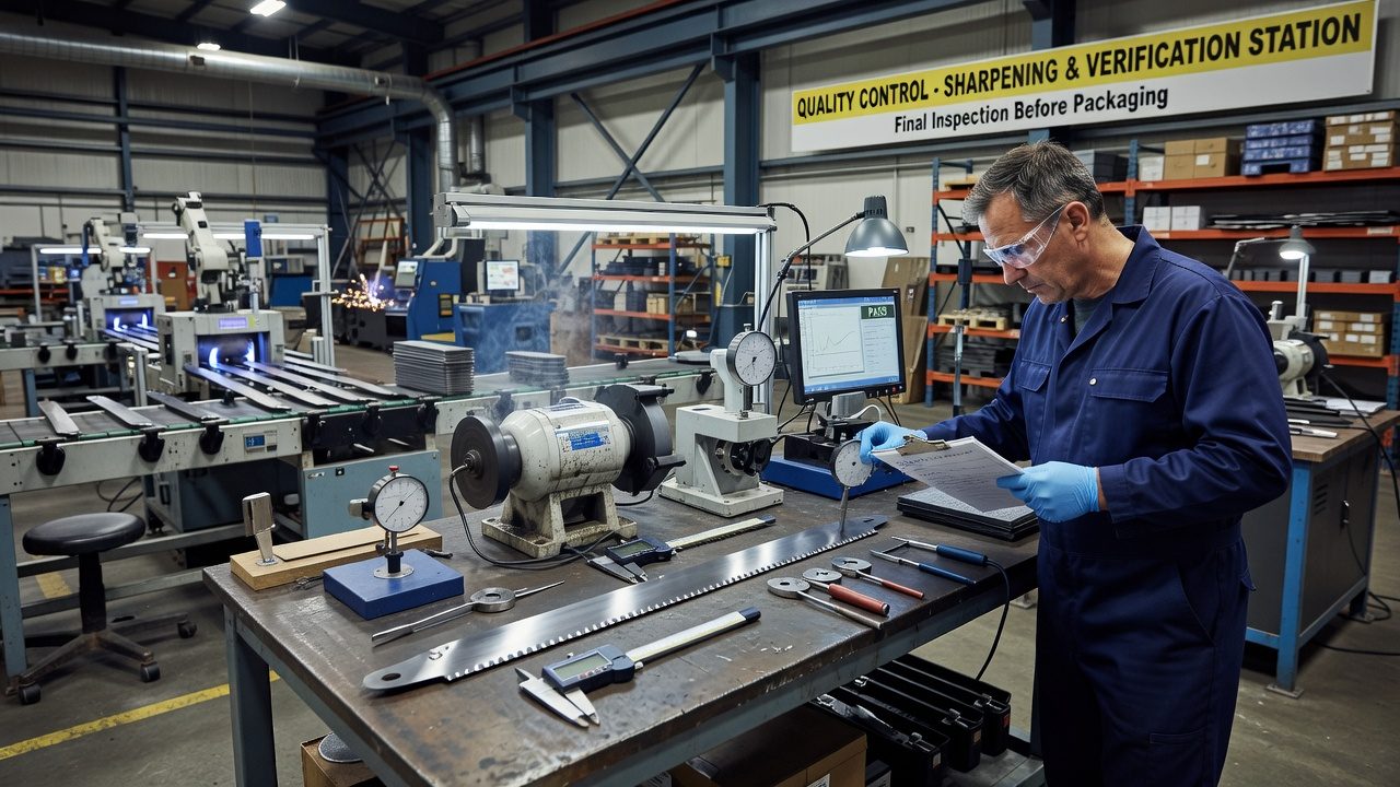 Manufacturing quality control station with mower blade undergoing sharpness testing and verification