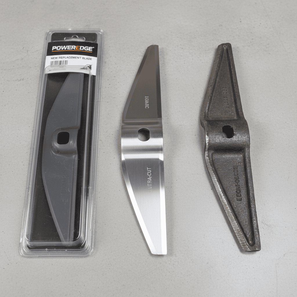 Three new mower blades showing quality variations between premium, mid-range, and budget options