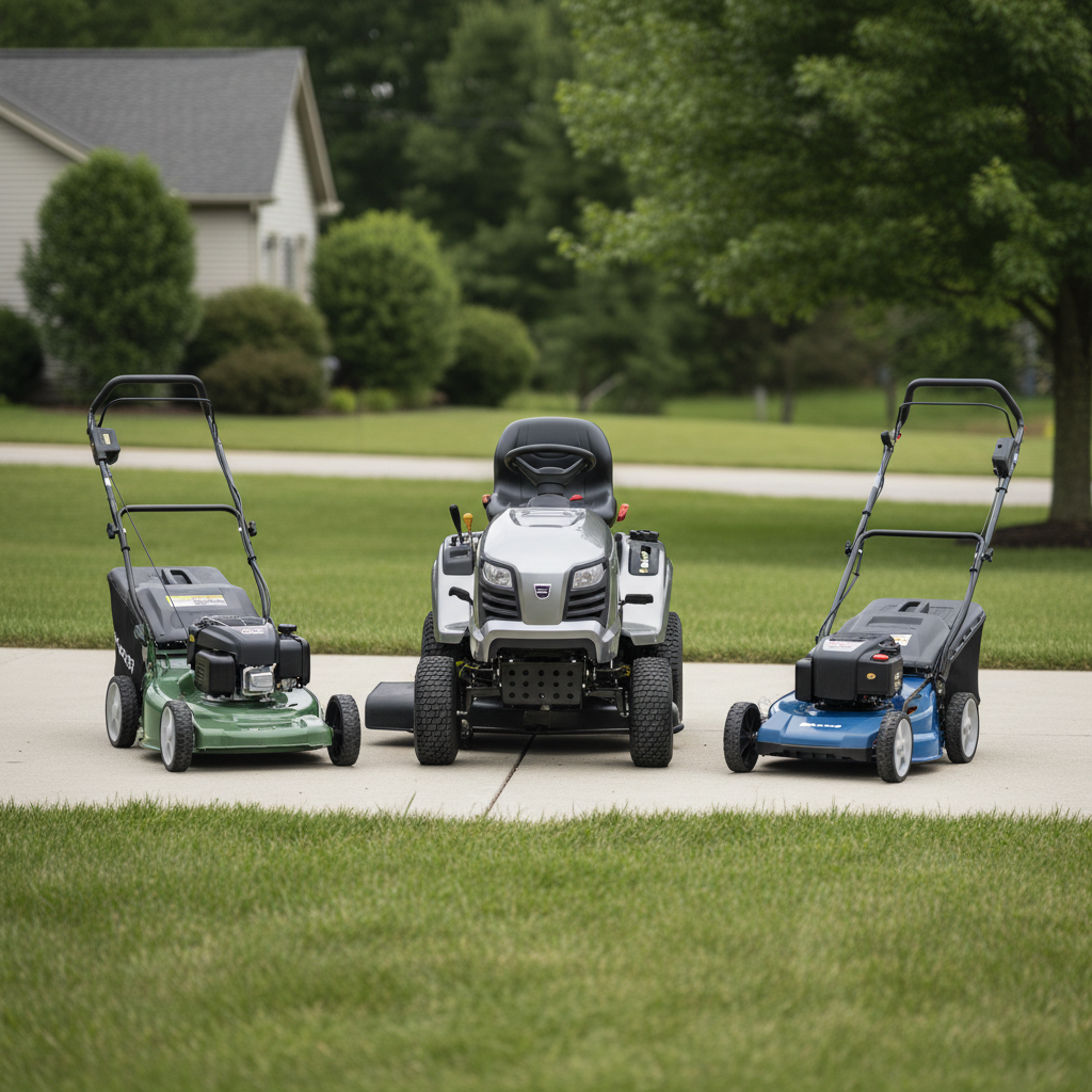 Walk-behind gas, riding, and battery lawn mowers lined up outdoors