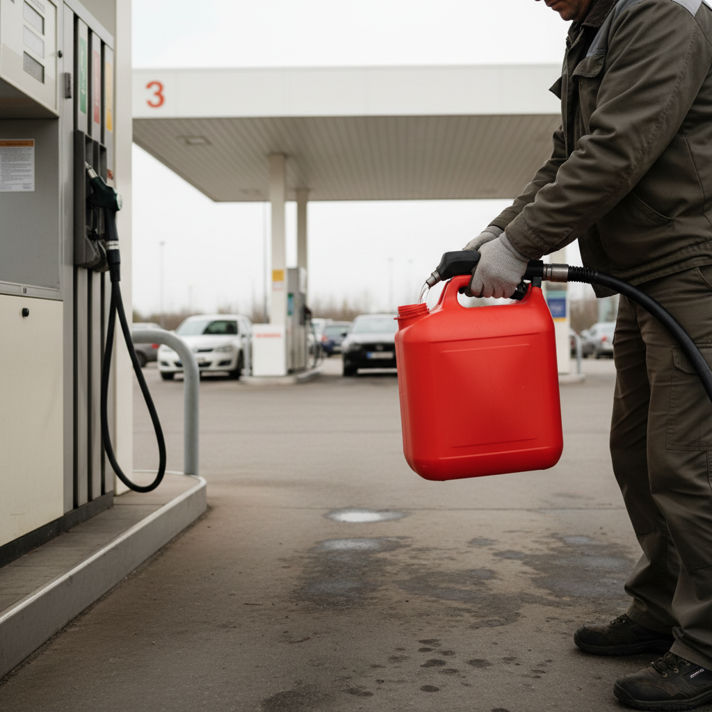 A person filling a plain red gas can at an unbranded outdoor fuel pump