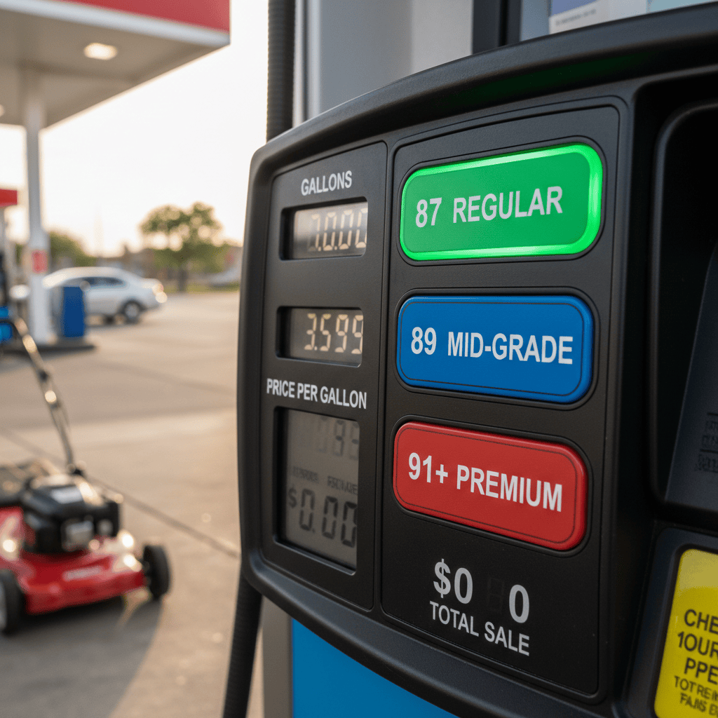 Gas station fuel pump showing regular 87 octane, mid-grade 89, and premium 91+ octane grades
