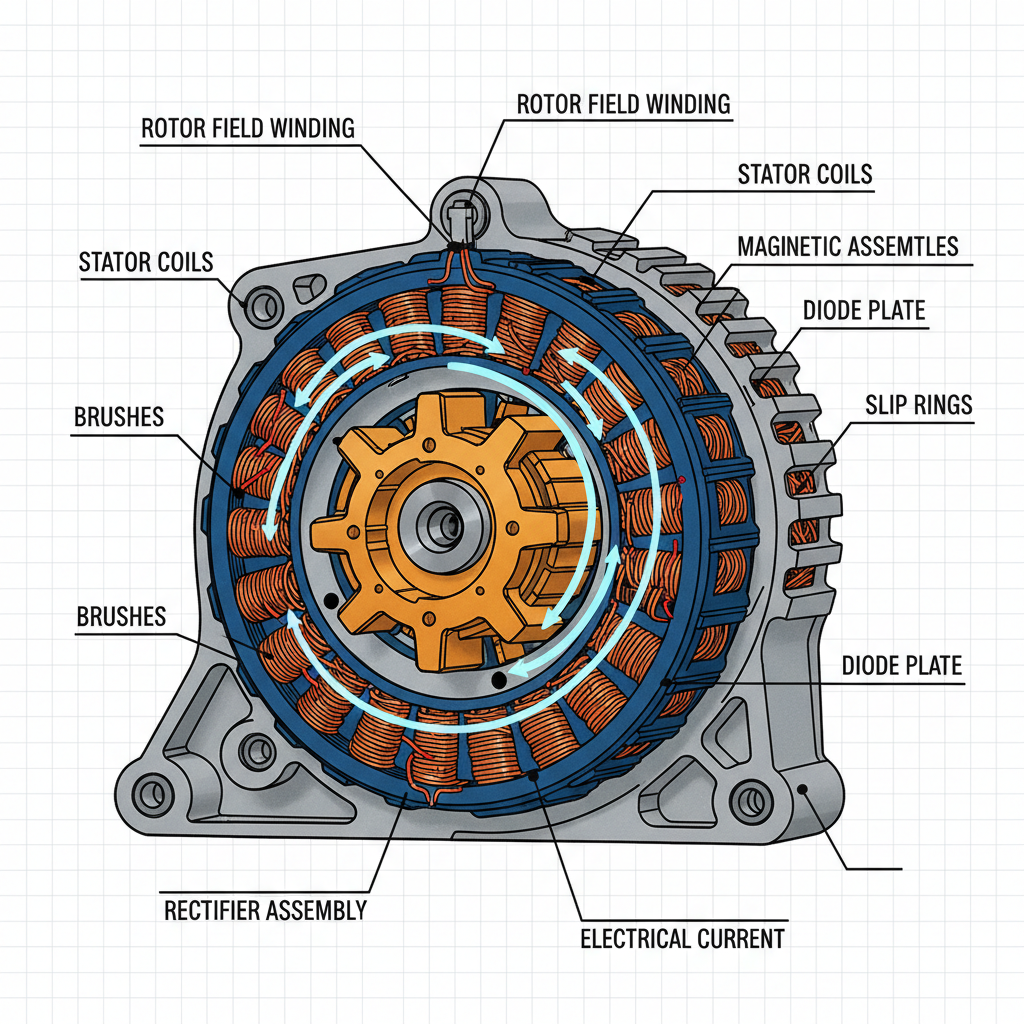 Internal cross-section of alternator showing rotor, stator, and magnetic field generation
