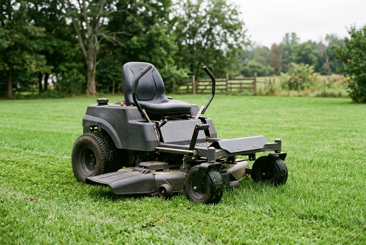 A zero-turn mower on grass with its discharge chute making the machine wider than the deck.