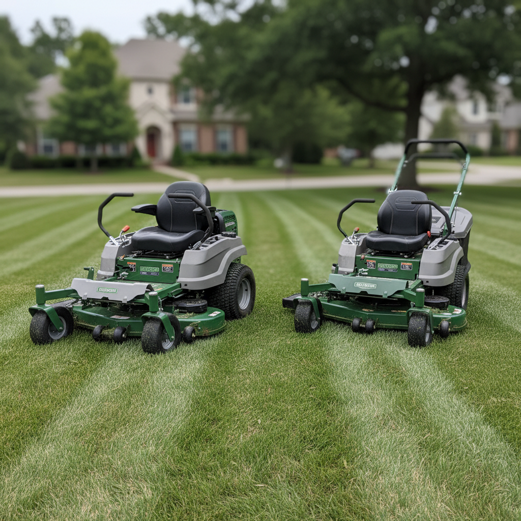 Sit-down zero-turn and walk-behind mower parked side by side on a lawn