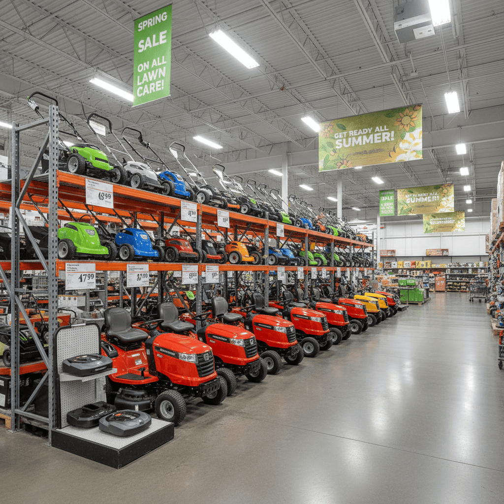 Costco warehouse seasonal section displaying multiple lawn mower models