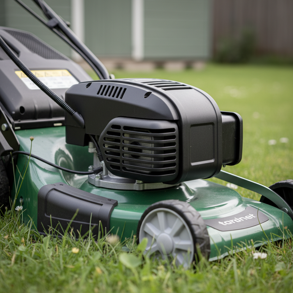 Close-up of a sealed electric mower motor housing with no oil fill opening.