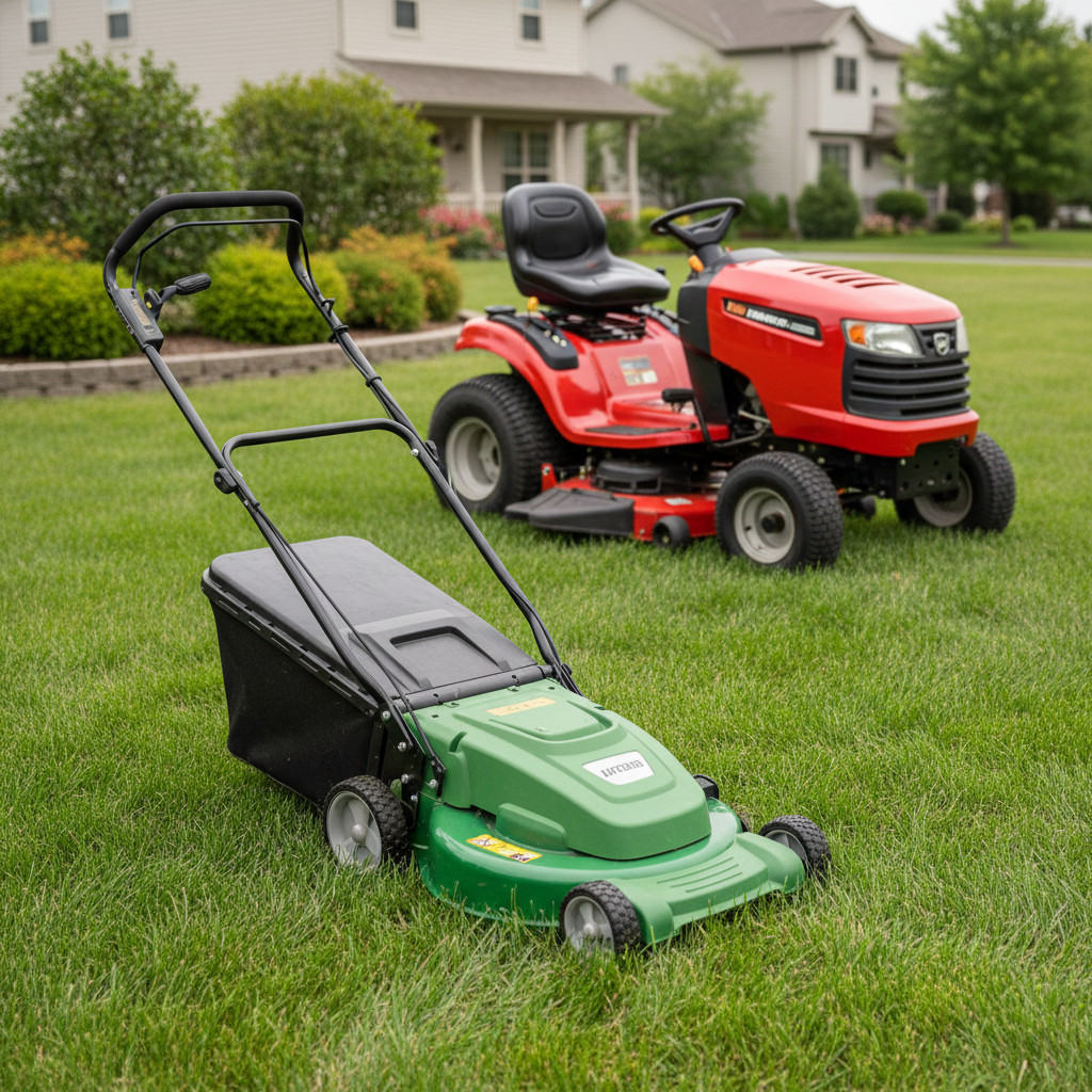 Does Harbor Freight Have Lawn Mowers? Walk-behind mower and riding mower parked side by side on a lawn
