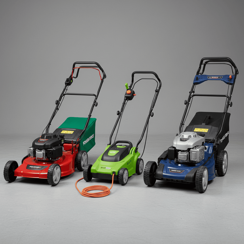 Three types of lawn mowers displayed together