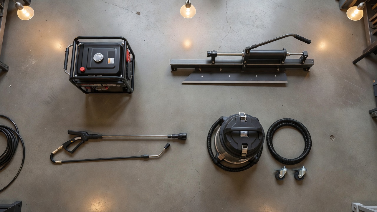 Does Harbor Freight Sell Snow Blowers? (Direct Answer + Where to Buy Instead) Portable generator, log splitter, pressure washer, and wet-dry vacuum arranged on a workshop floor