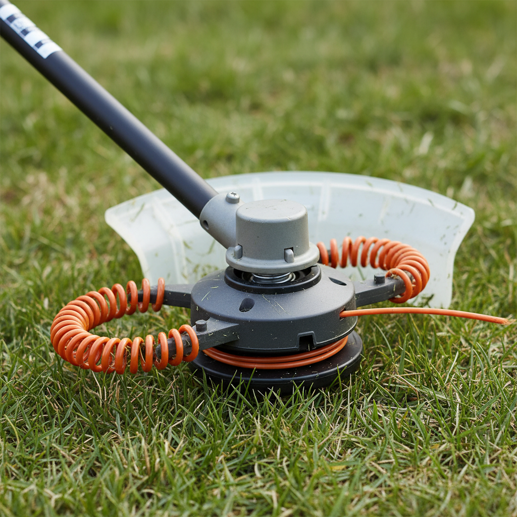 Close-up of a string-trimmer head with nylon line and a debris guard on grass.