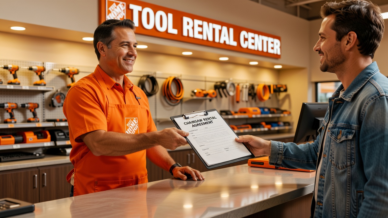 Store associate providing chainsaw rental information to a customer at the tool rental counter