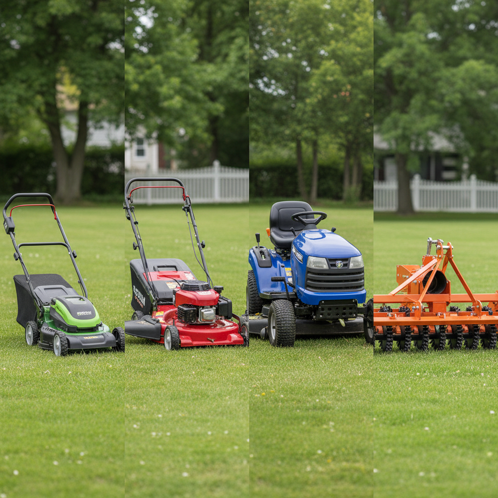 Four types of lawn equipment shown in comparison: push mower, self-propelled mower, riding mower, and aerator