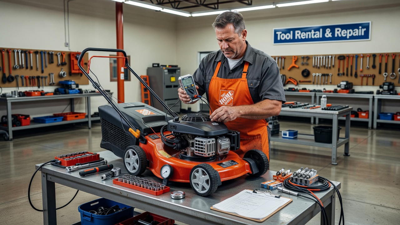 Technician examining a lawn mower at Home Depot repair counter