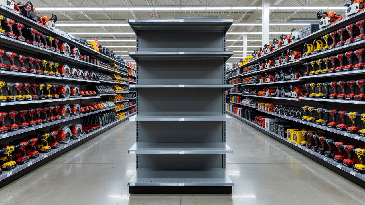 Empty power tool shelf in a big-box retail store representing unavailable chainsaw inventory