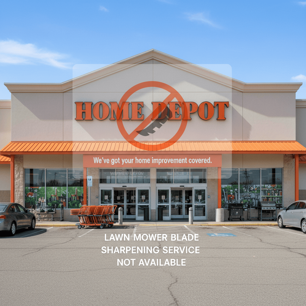 Home Depot storefront indicating blade sharpening service unavailable